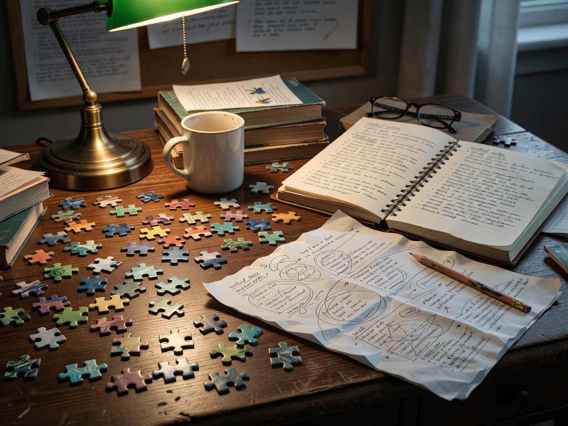 Editorial desk with puzzle pieces, a marked-up print proof and handwritten method notes