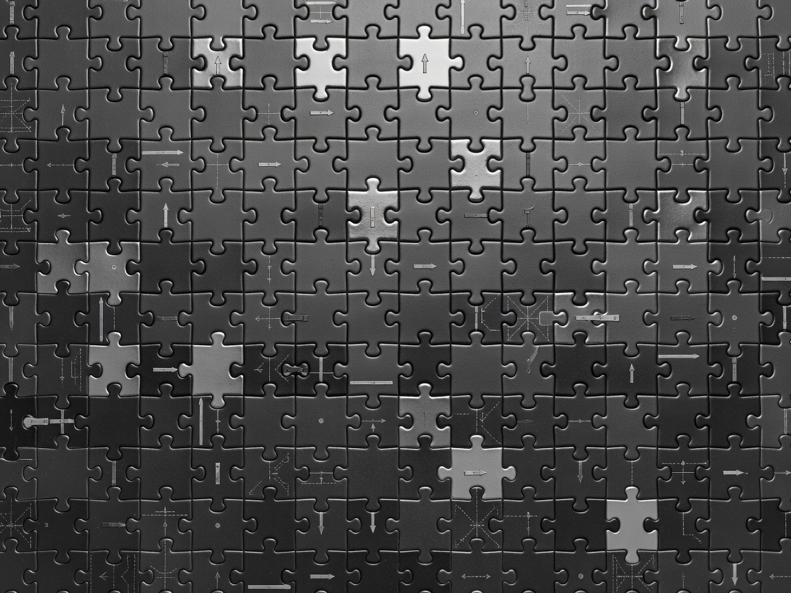 Niemal monochromatyczne pole elementów puzzli z ponumerowanymi znacznikami pokazującymi różnice kierunku cięcia, połysku i kształtu