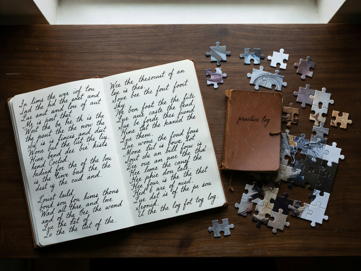 Otwarty notes z odręcznymi notatkami z treningu obok luźnych elementów puzzli