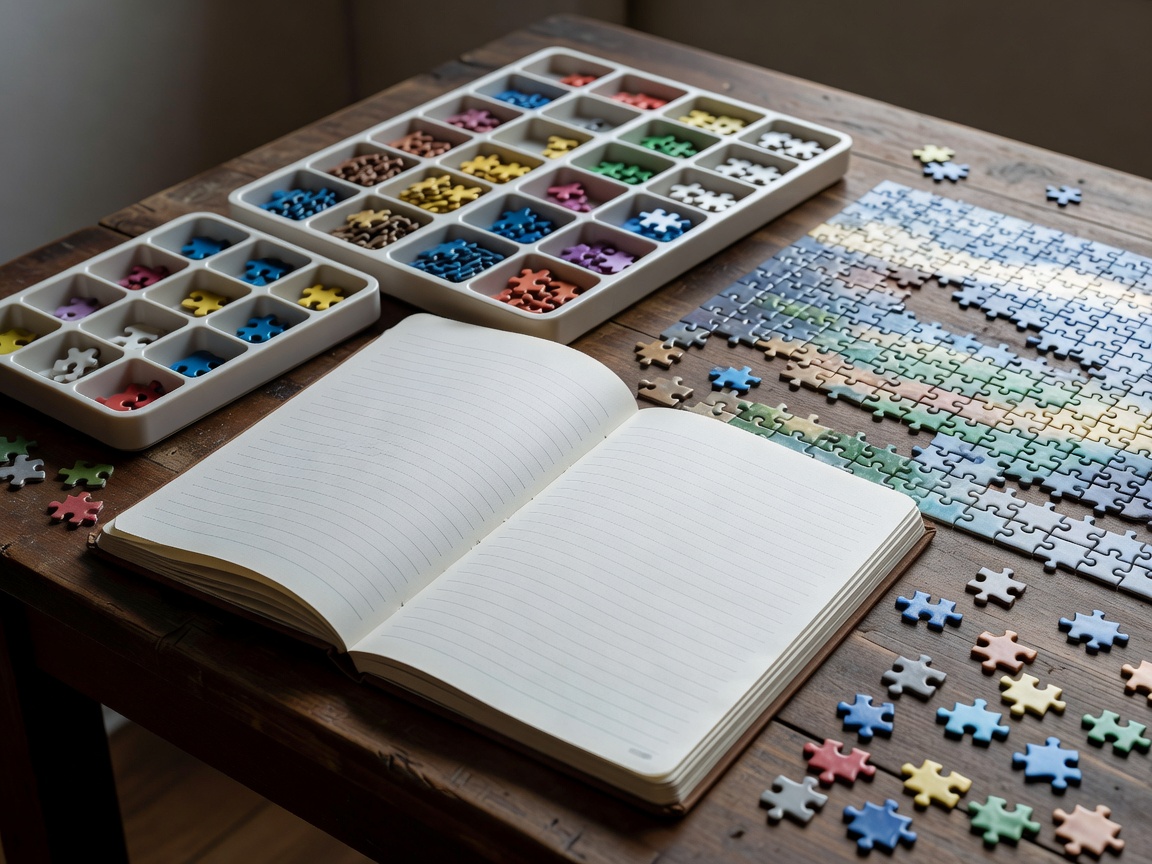 Solver's notebook open beside sorting trays and a partly assembled puzzle