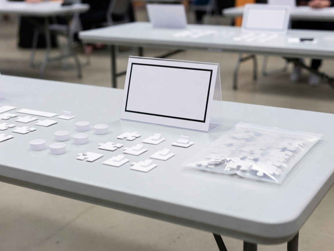 Competition-style solving table with a numbered station card and unopened puzzle bag