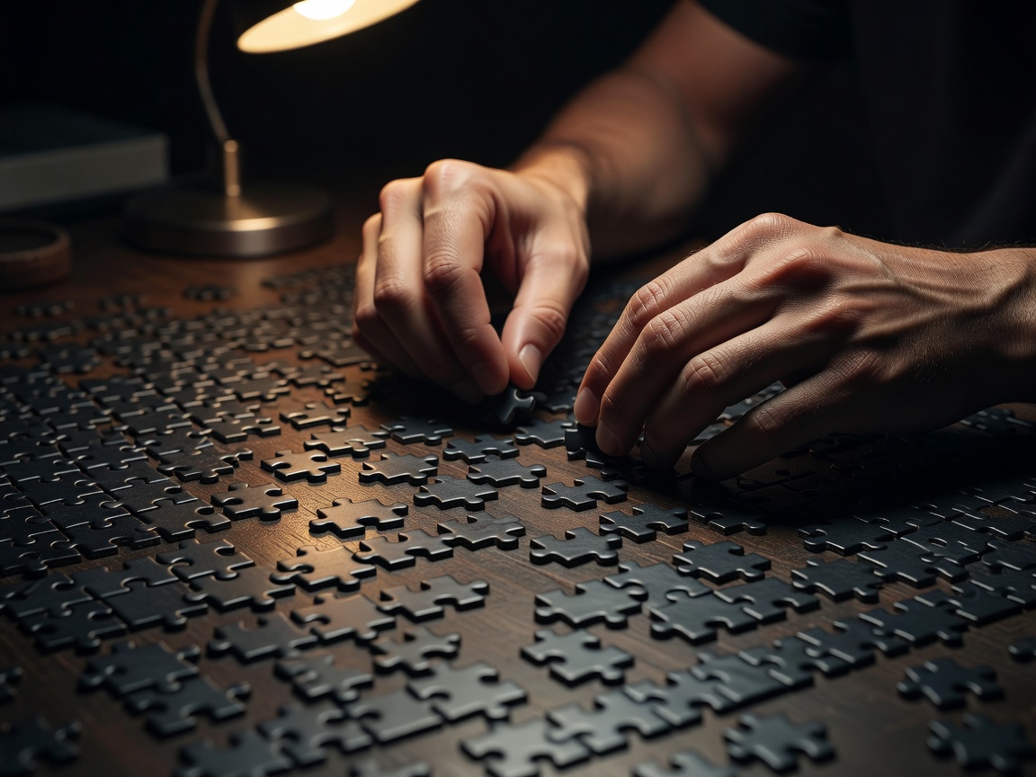 Zbliżenie dłoni układającego sortującego ciemne elementy puzzli w małe grupy pod jedną ciepłą lampką
