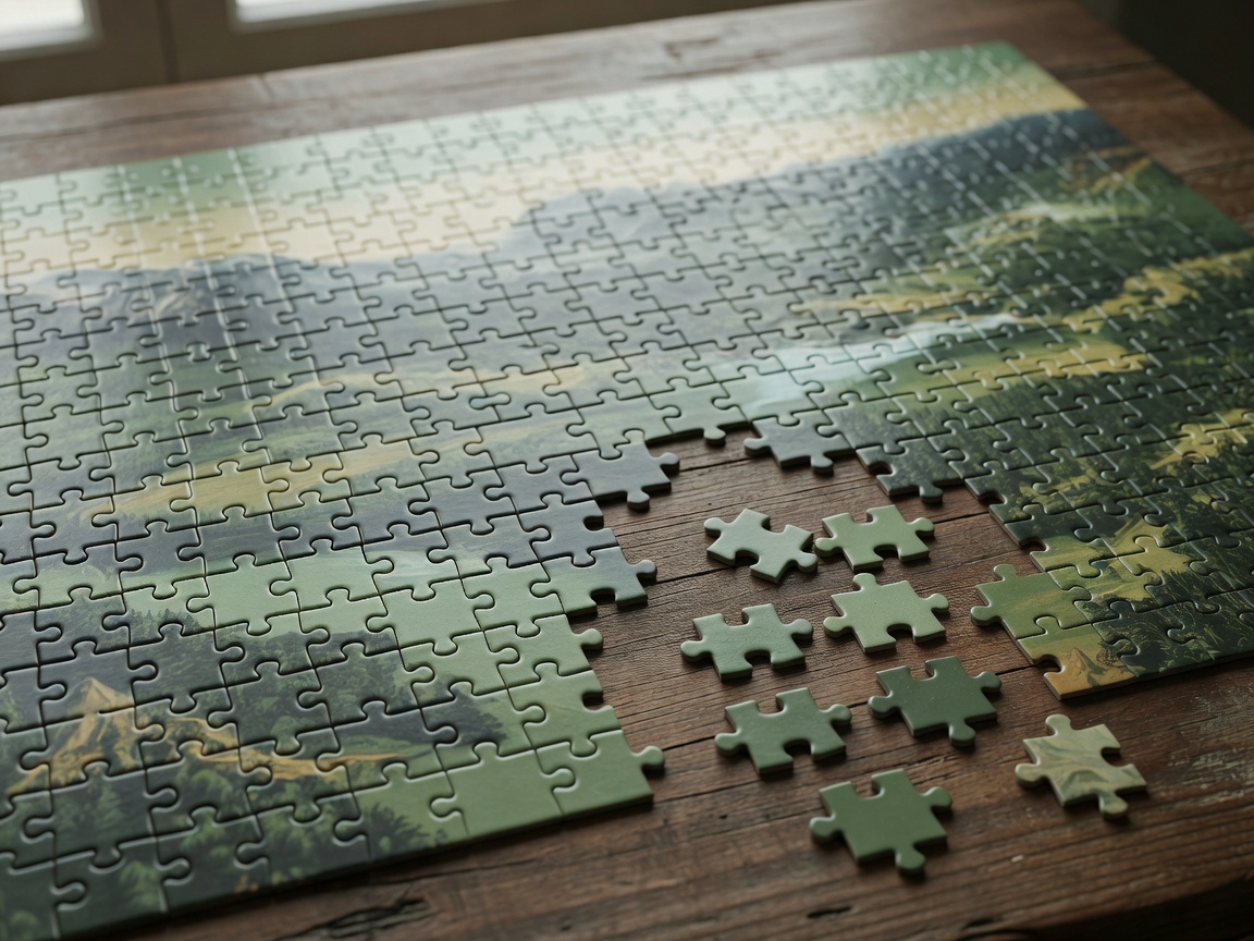 Small group of remaining look-alike jigsaw pieces beside an almost finished puzzle