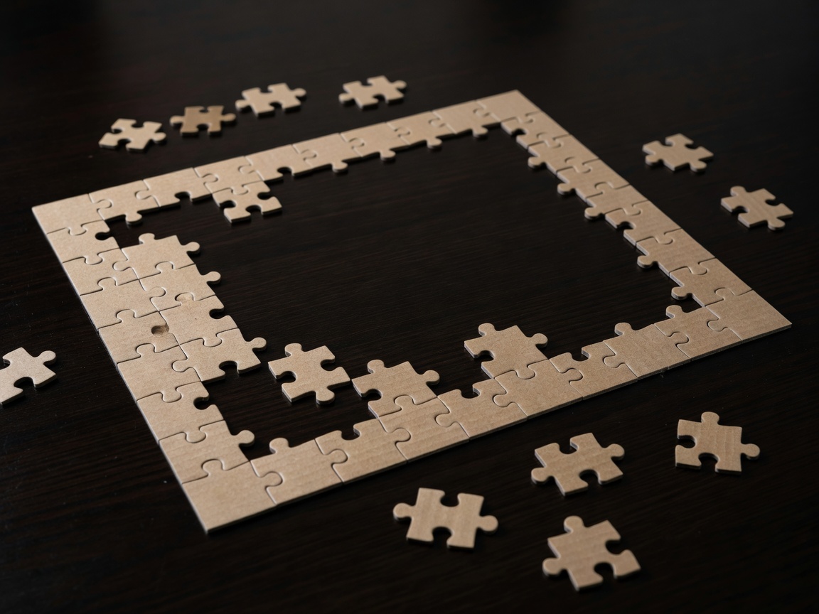 Partially completed jigsaw border with gaps on a dark table