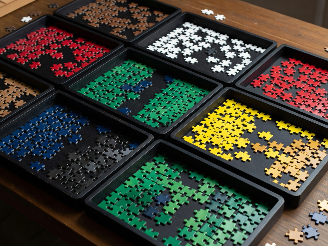 Several dark trays of jigsaw pieces sorted into distinct colour groups on a solving table