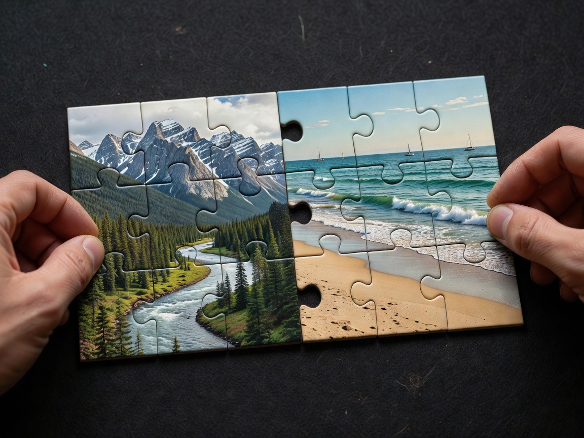 Two completed jigsaw sections being slid together across a dark mat