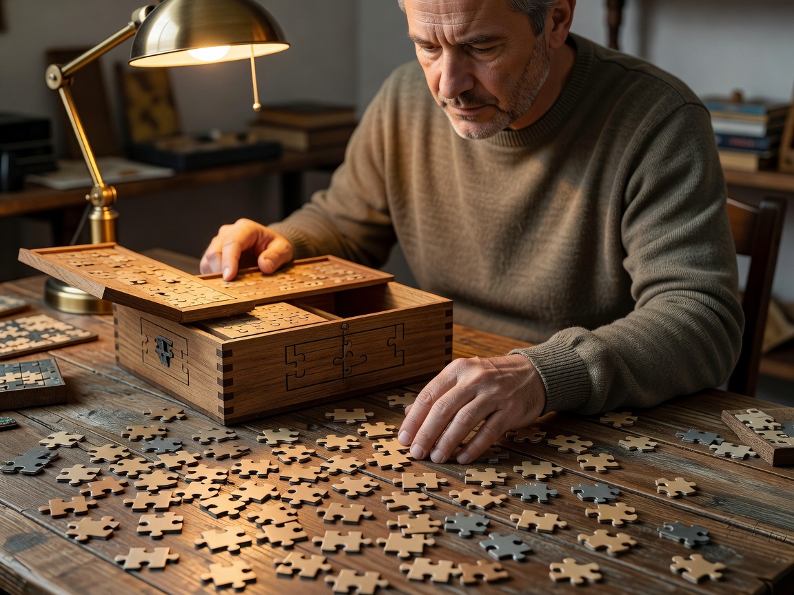 Solver studying a puzzle box image with loose pieces spread face down in the foreground