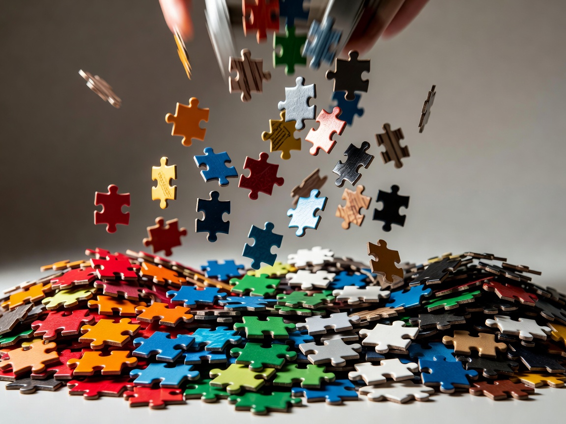 Jigsaw pieces being flipped and dropped directly into colour piles in one motion
