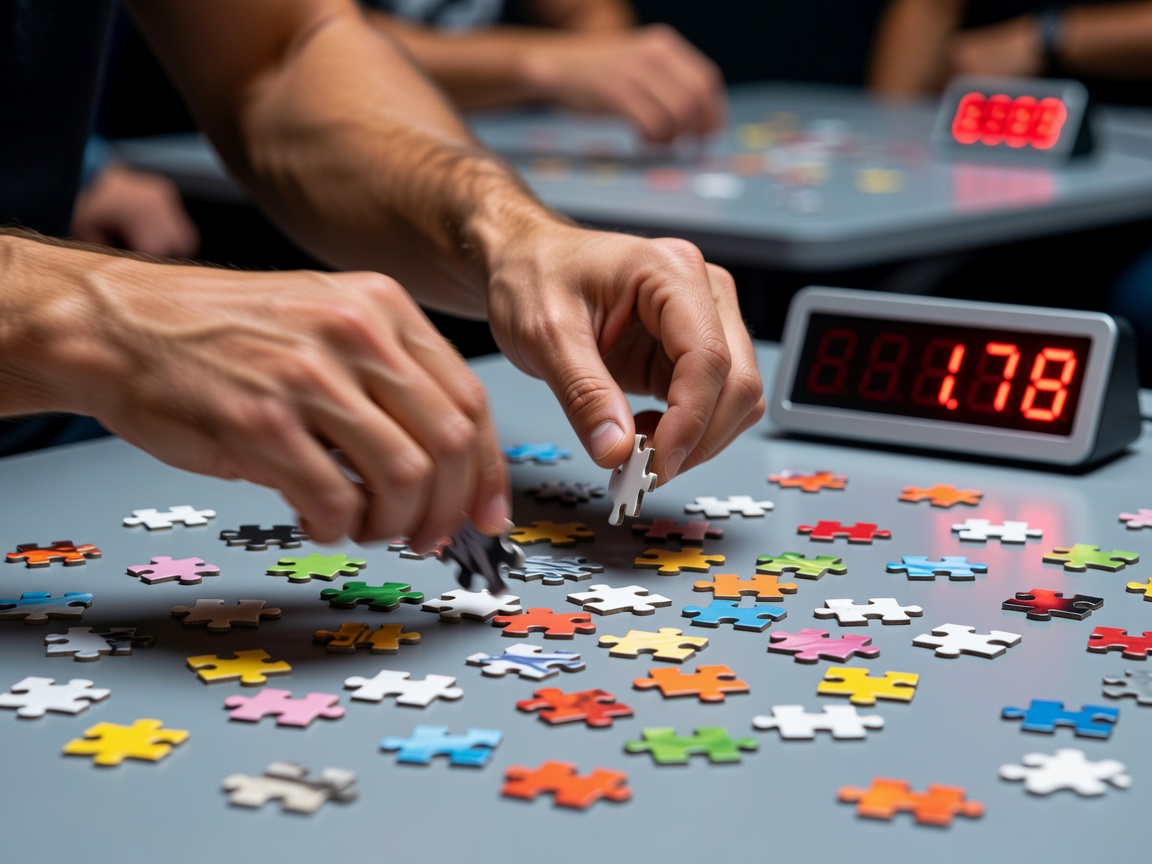 Hands rapidly flipping jigsaw pieces face up next to a running digital timer