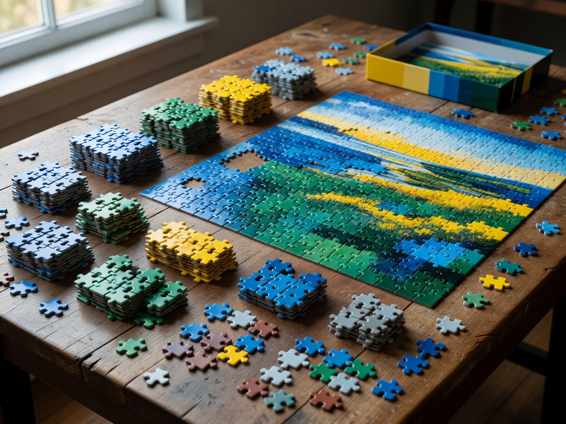 Sorted jigsaw piles beside the first assembled cluster of a strong colour zone