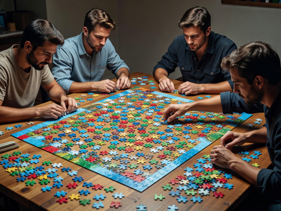Four solvers working on different corners of one large jigsaw at a shared table