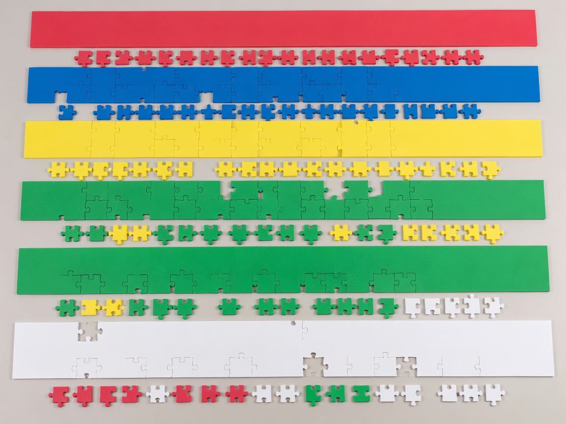 Foam puzzle sheets and punched-out pieces laid in rows according to assembly stage