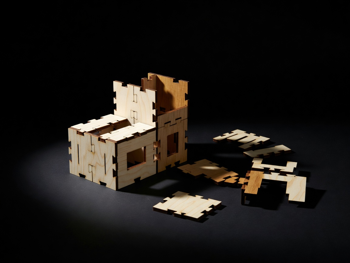 Partially assembled laser-cut wooden 3D puzzle structure lit dramatically against a dark background