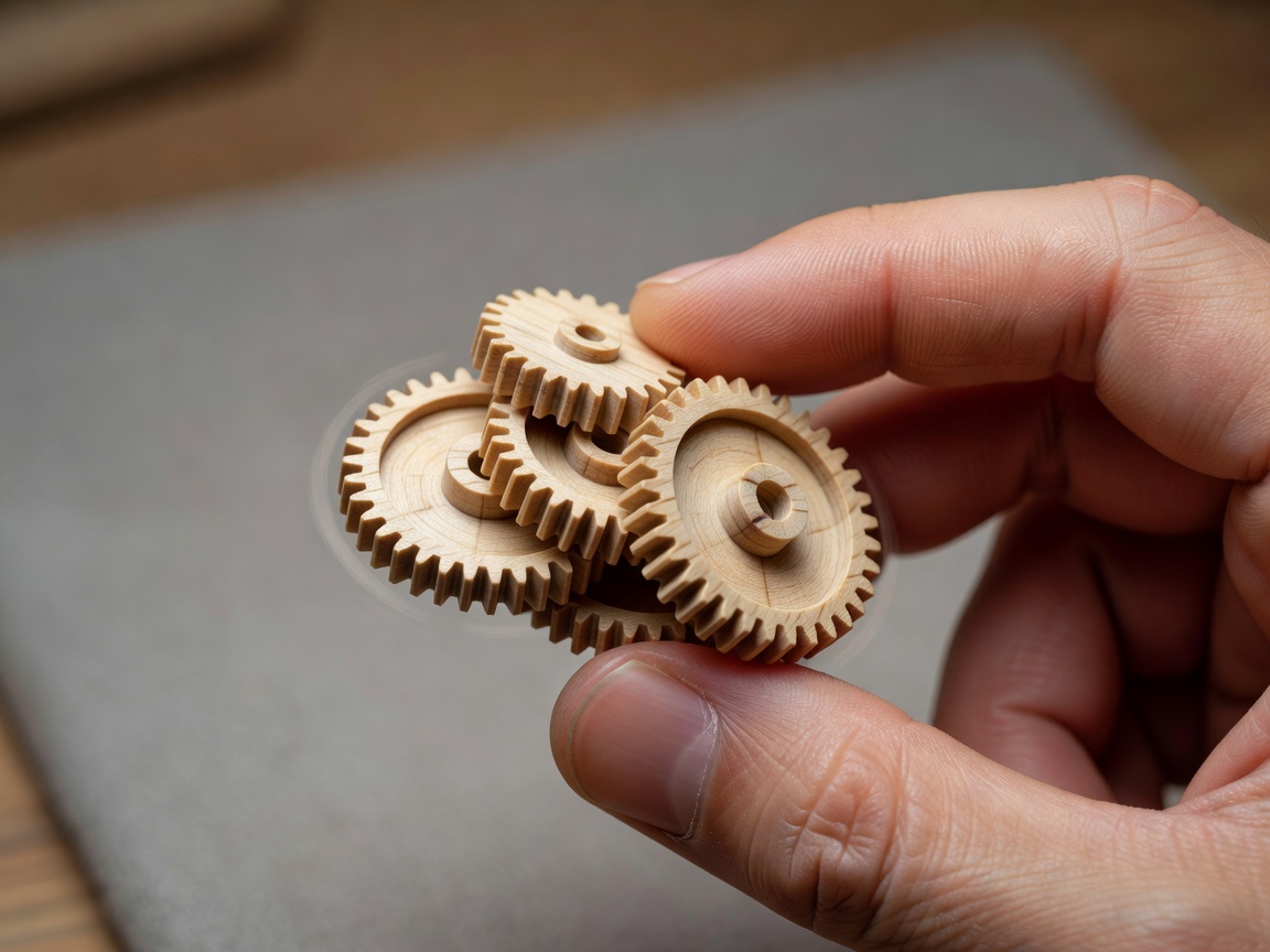 Small wooden gear sub-assembly held between fingers to test rotation
